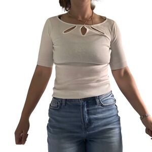 New York & Company White Knit Top Cutout Neckline Short Sleeve S